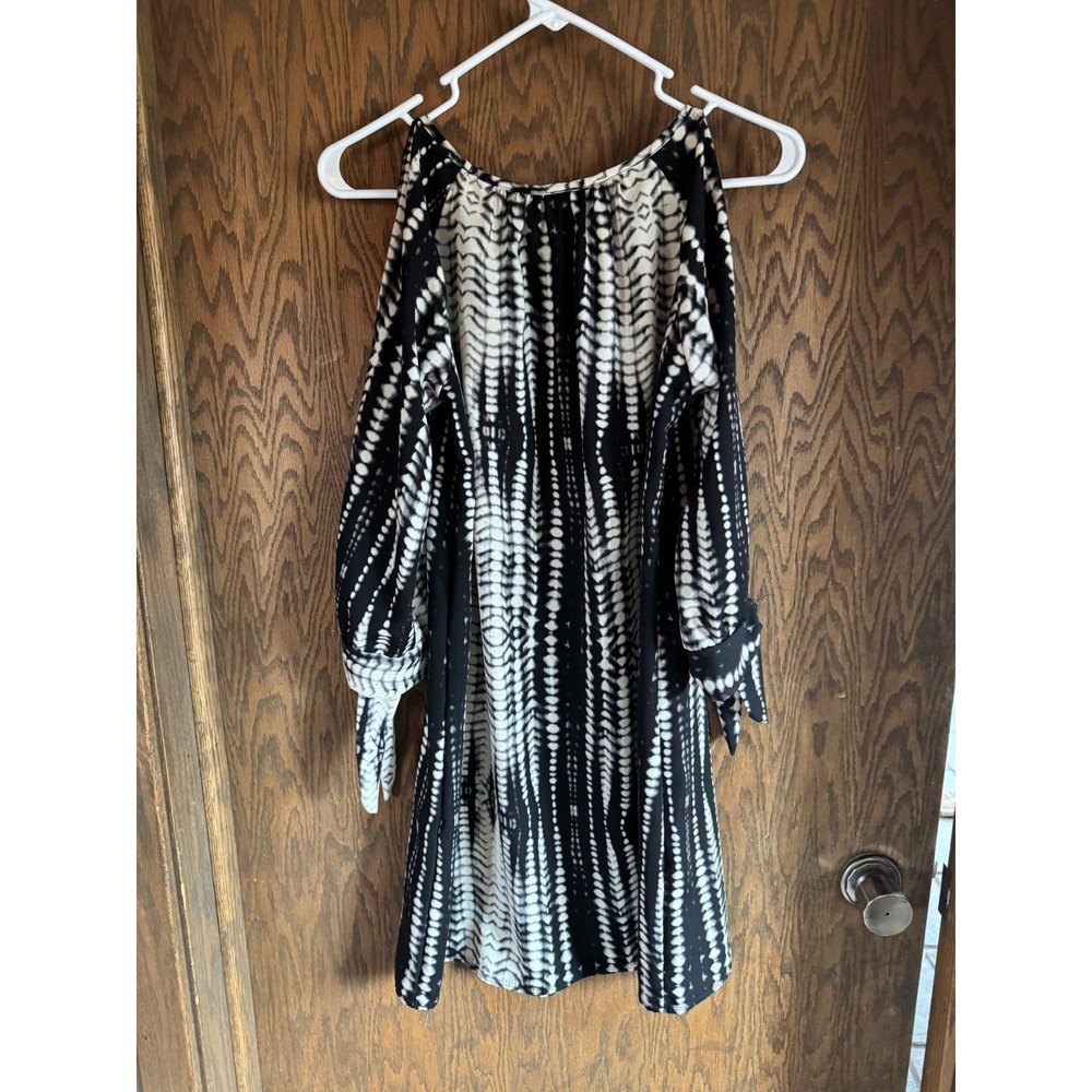 Yahada Cold Shoulder Dress Black White Tie‎ Dye Print Long Sleeve Tie Cuffs S